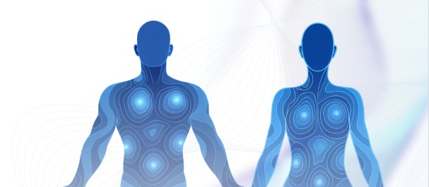 Mechanical wave fields propagating through two human bodies and reaching the skin surface